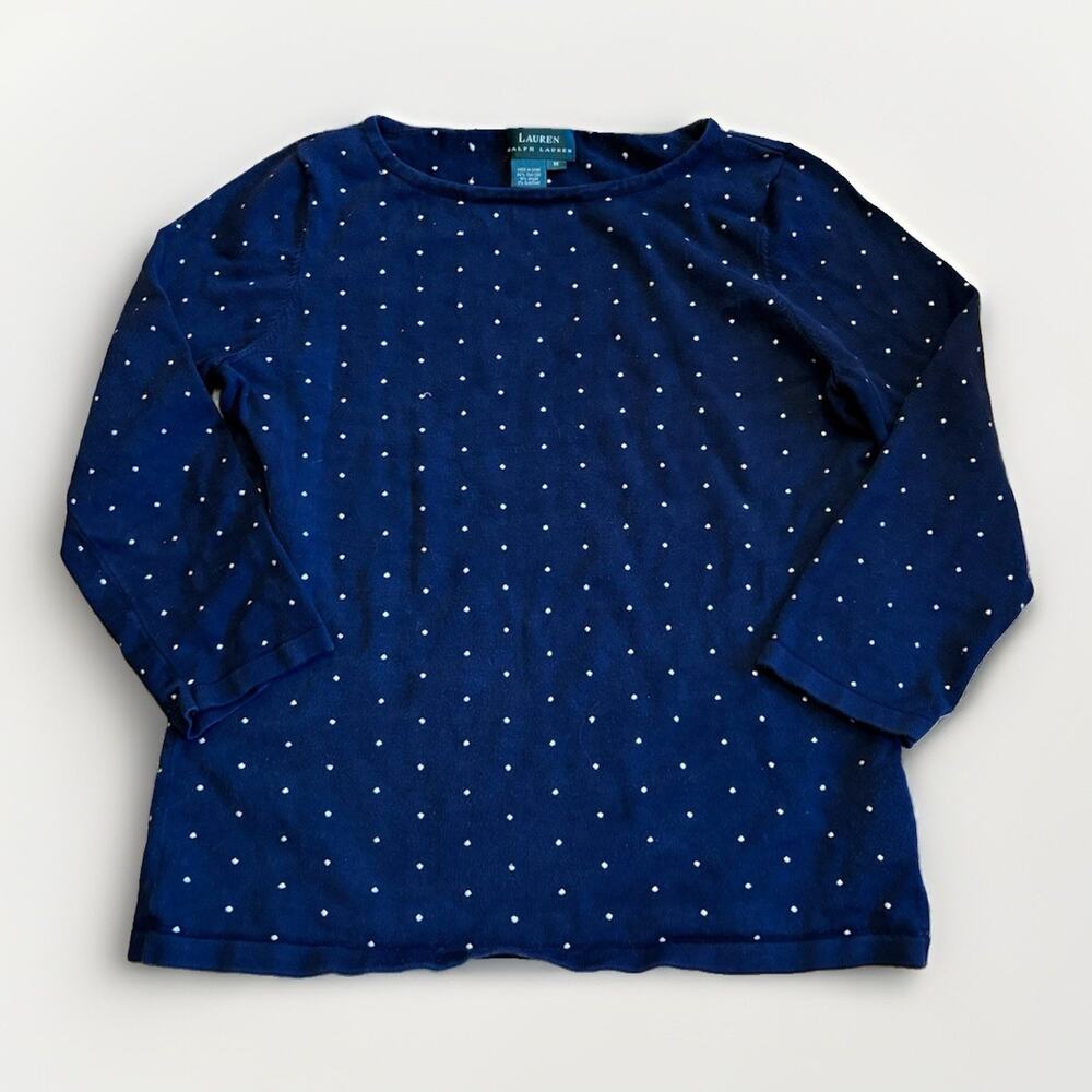 Lauren Ralph Lauren Women's Casual Polka Dot Knit Top Navy Silk Blend size Med